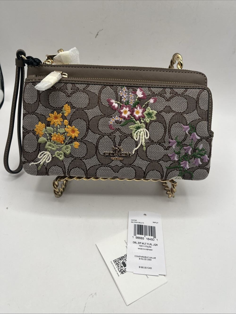 NWT Coach Double Zip Wristlet Signature Jacquard With Floral Embroidery CEF63